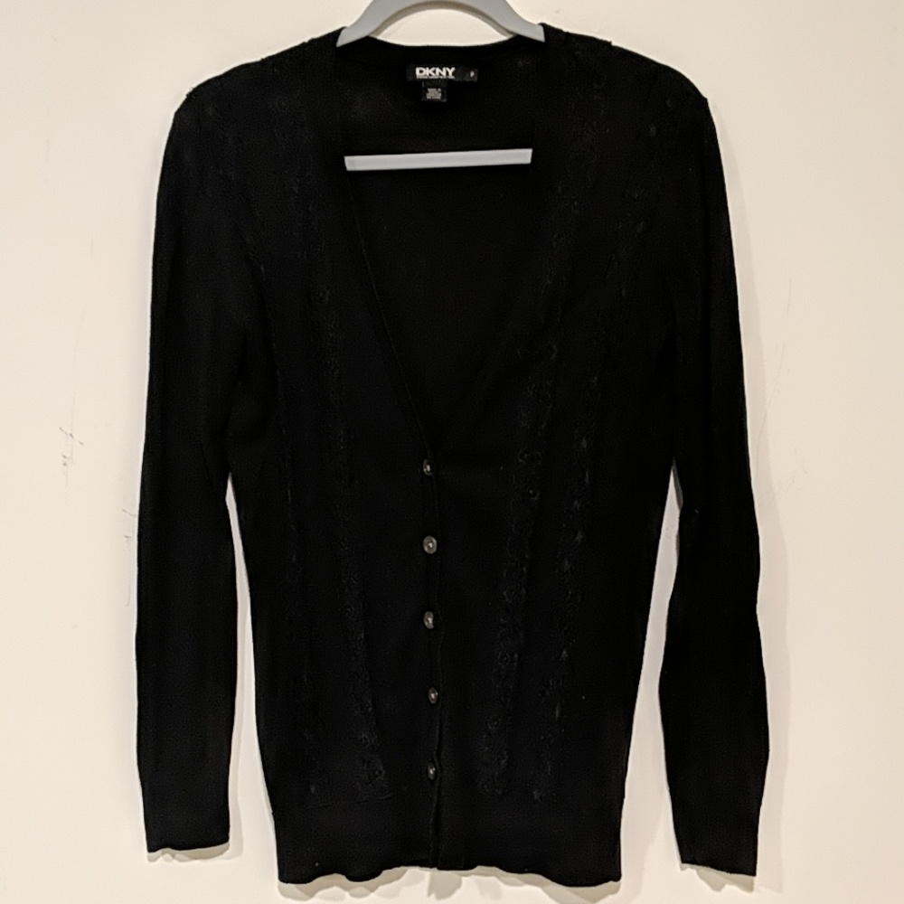 DKNY black buttoned cardigan with decorative lace